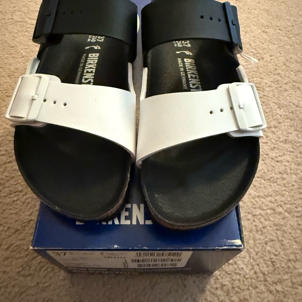 Birkenstock Black and White Dual Strap Sandals with Buckles